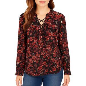 a.n.a Womens Floral V-Neck Blouse Size M Long Sleeve Red Pullover Lightweight